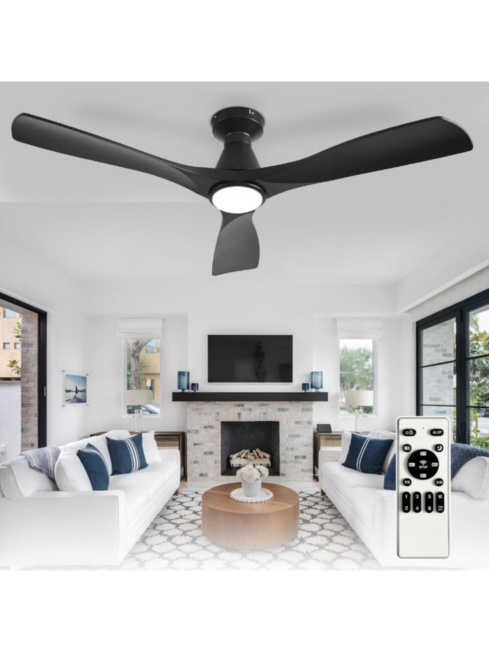 52-Inch Black Ceiling Fan with Lights - Dimmable, Remote Control, Ultra Quiet